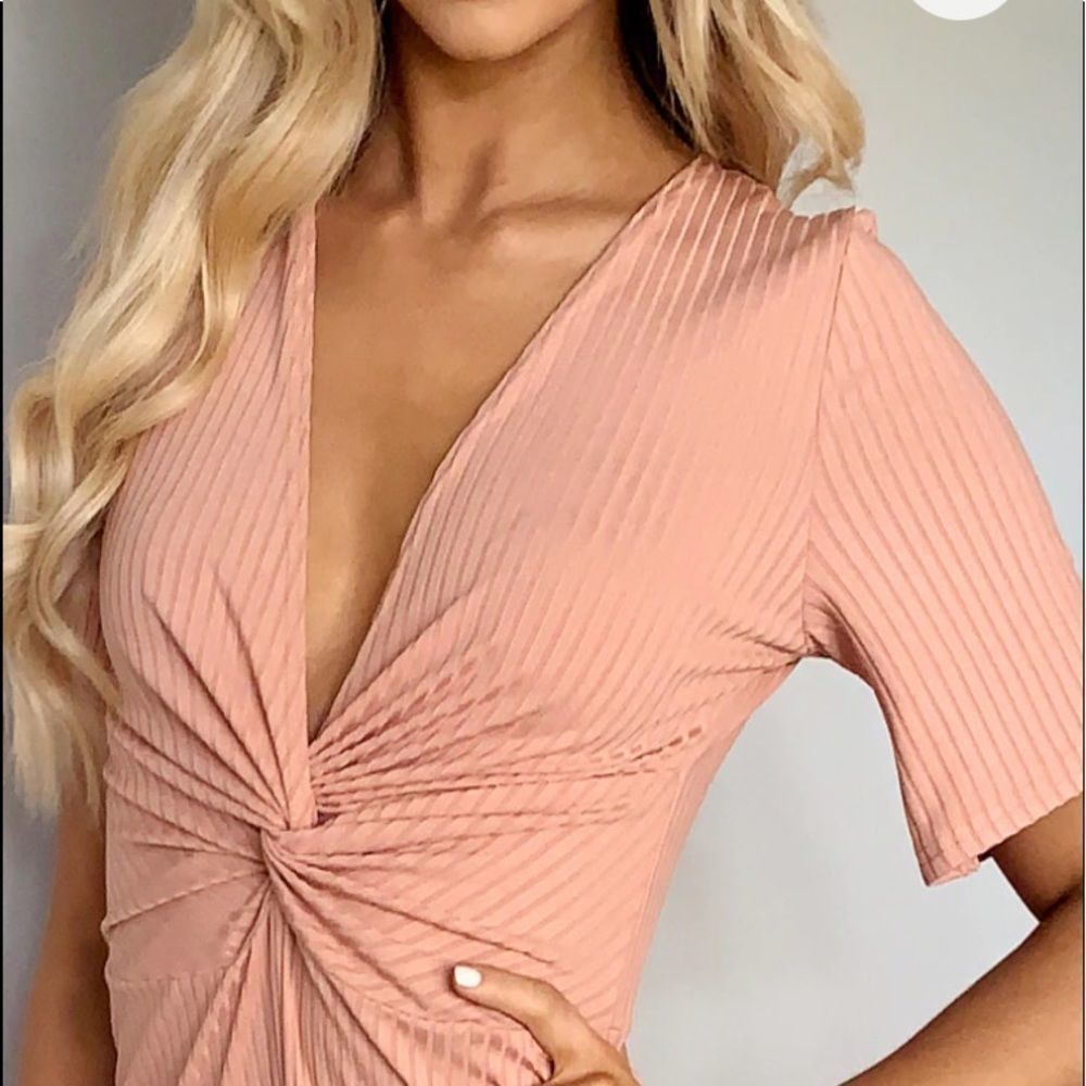 PRETTLITTLETHING peach ribbed twist jumpsuit